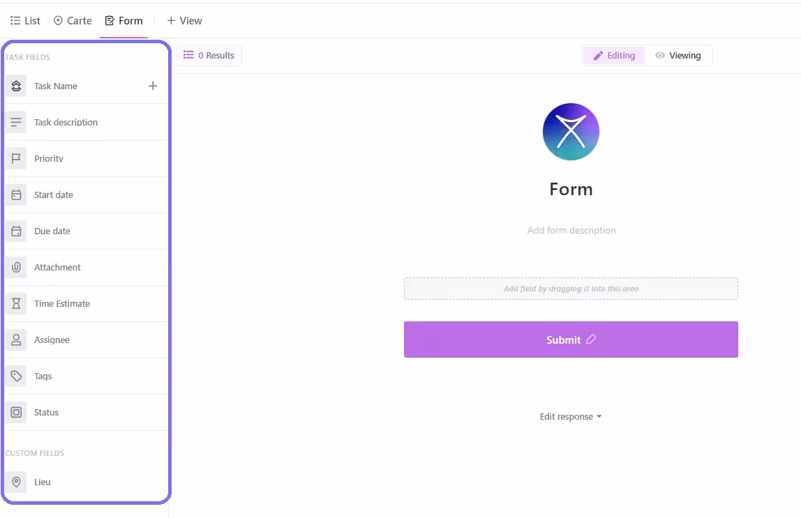 Task fields and custom fields in a form