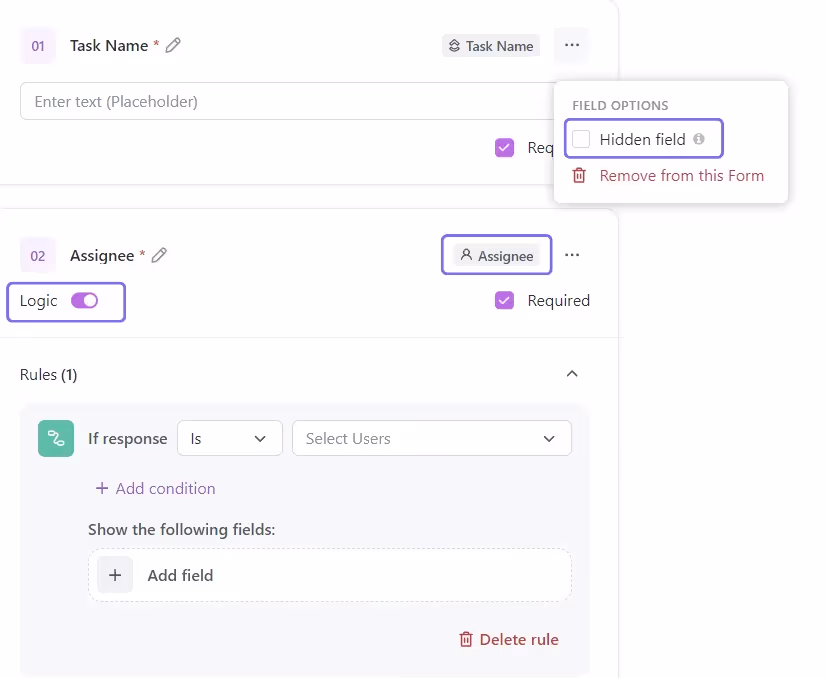 Customizing form settings with hidden fields and conditional logic