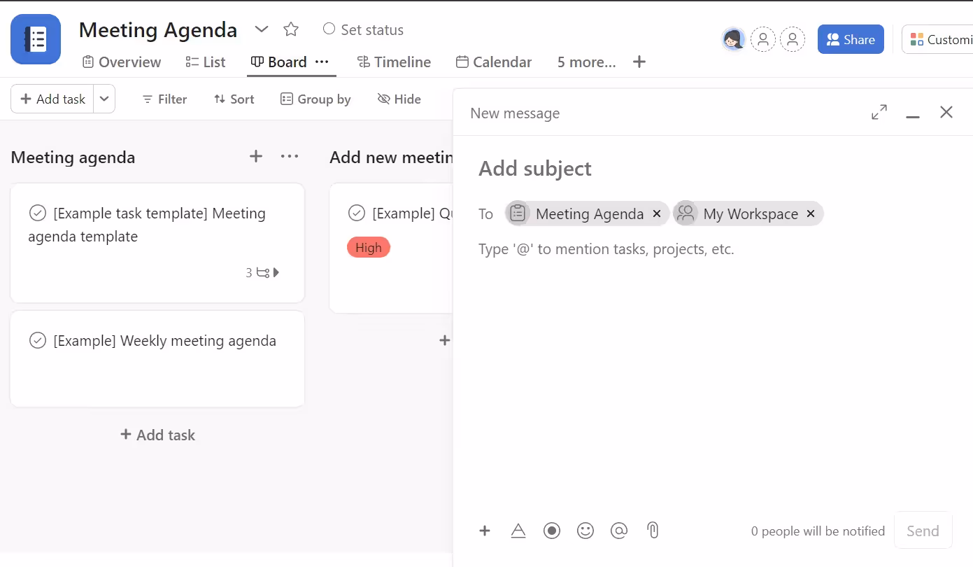 Asana's message feature for ease of collaboration
