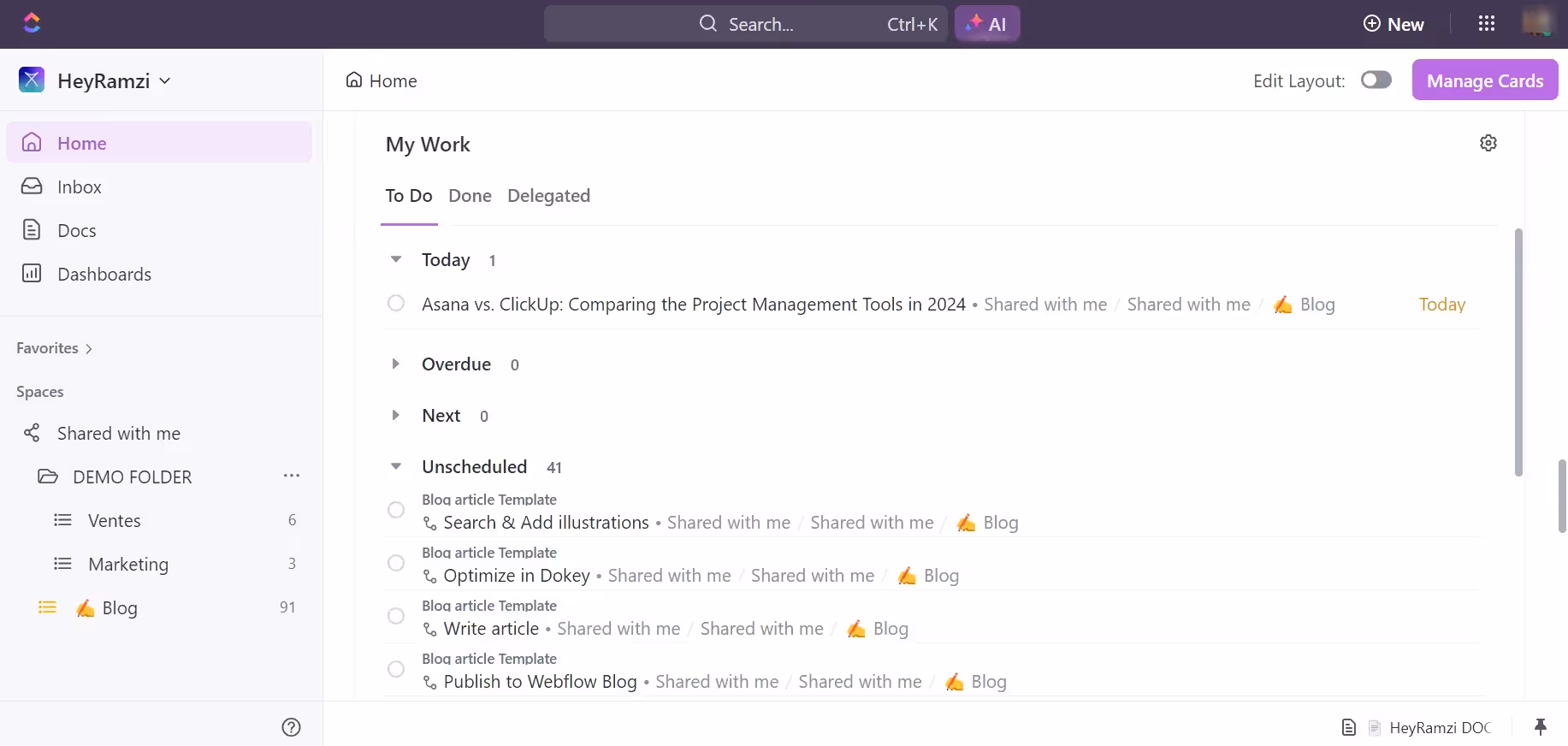 ClickUp's My Work section