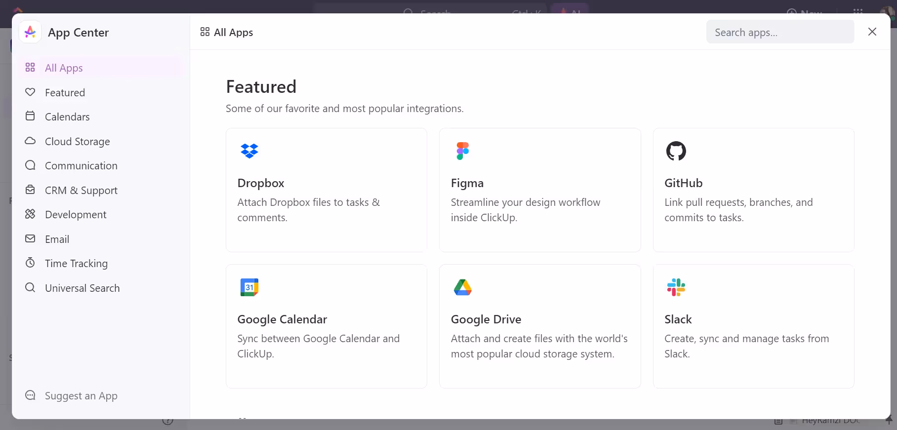 ClickUp's many integrations with popular third-party apps