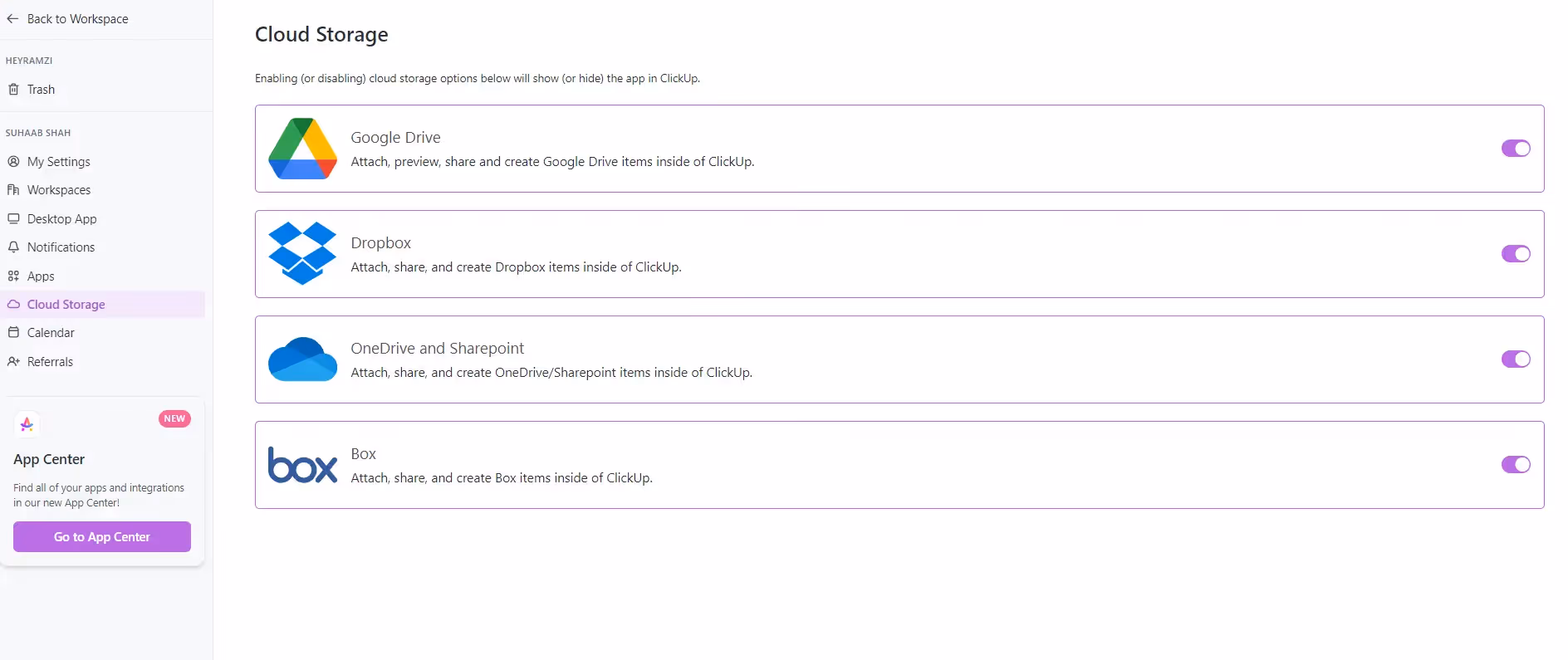 Cloud Storage Integration via Personal Settings