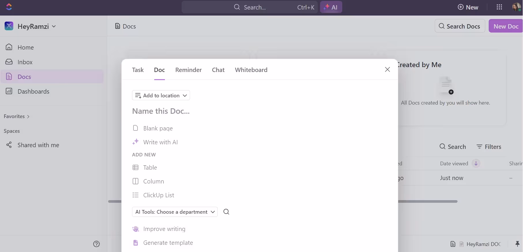 Creating a Doc in ClickUp