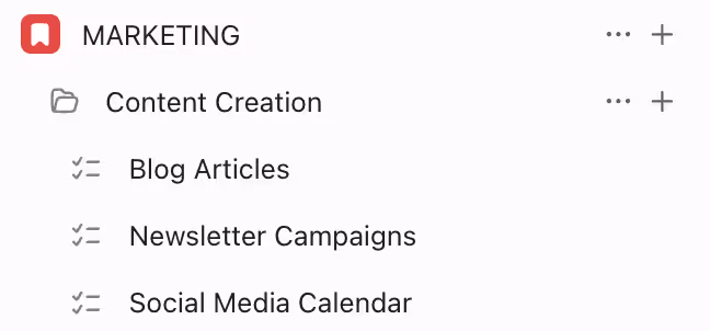 Lists organized inside a Folder