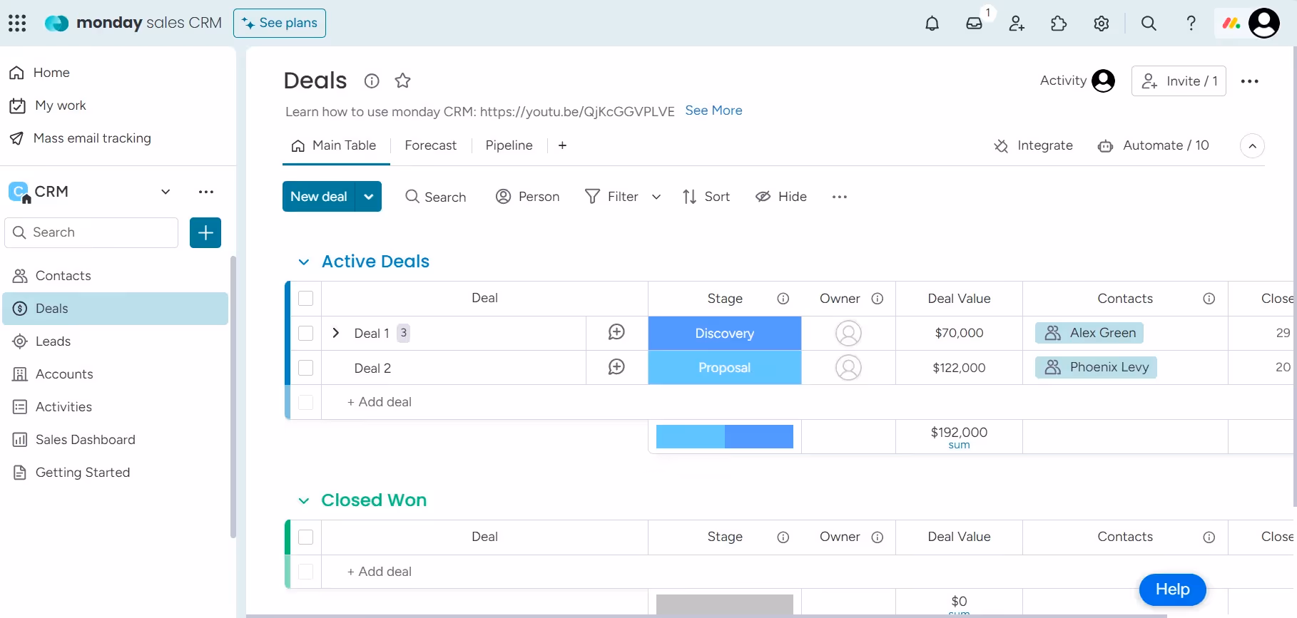 Monday Sales CRM Interface