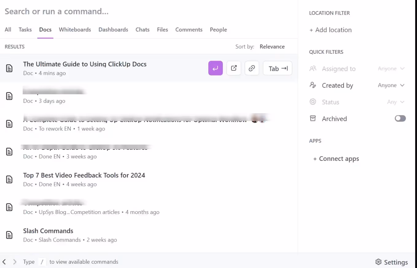 Search docs using command center
