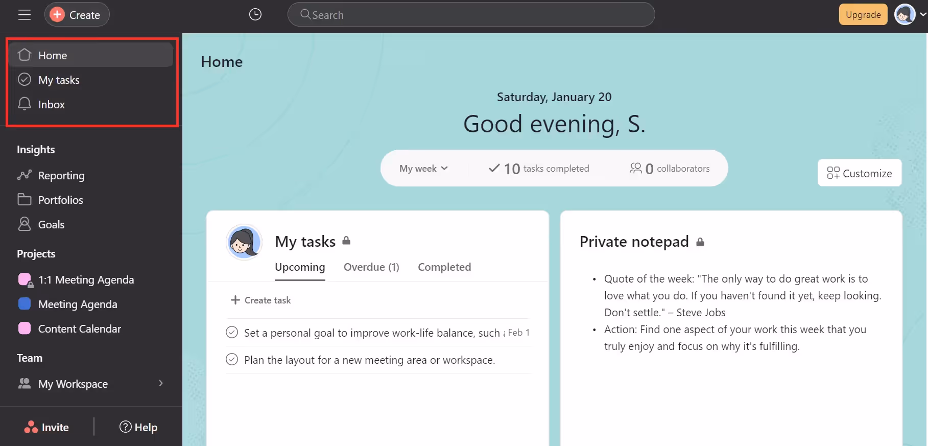 Side navigation bar in Asana including Home, My Tasks, Inbox