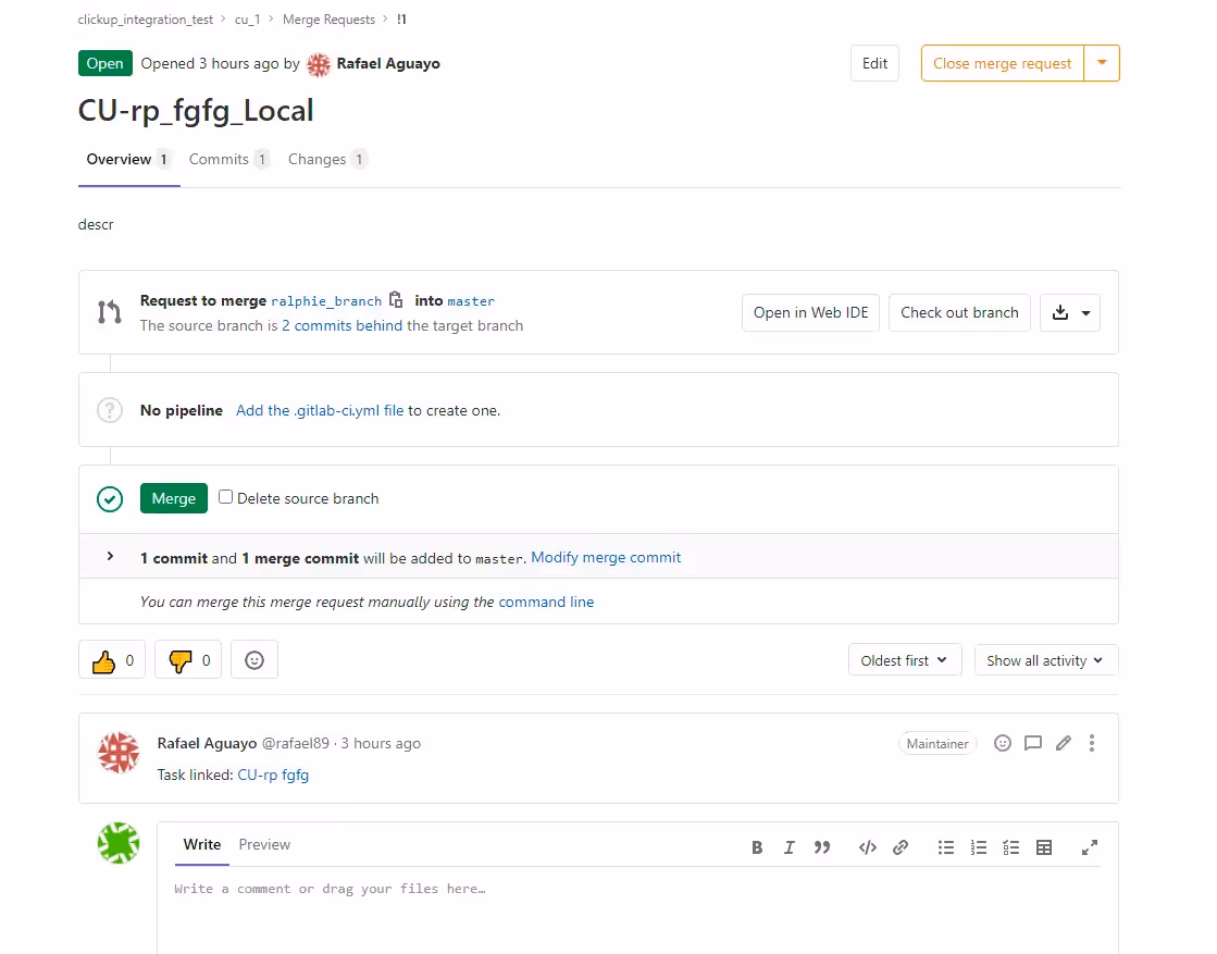 Action GitLab après association d'un commit avec l'ID de tâche ClickUp