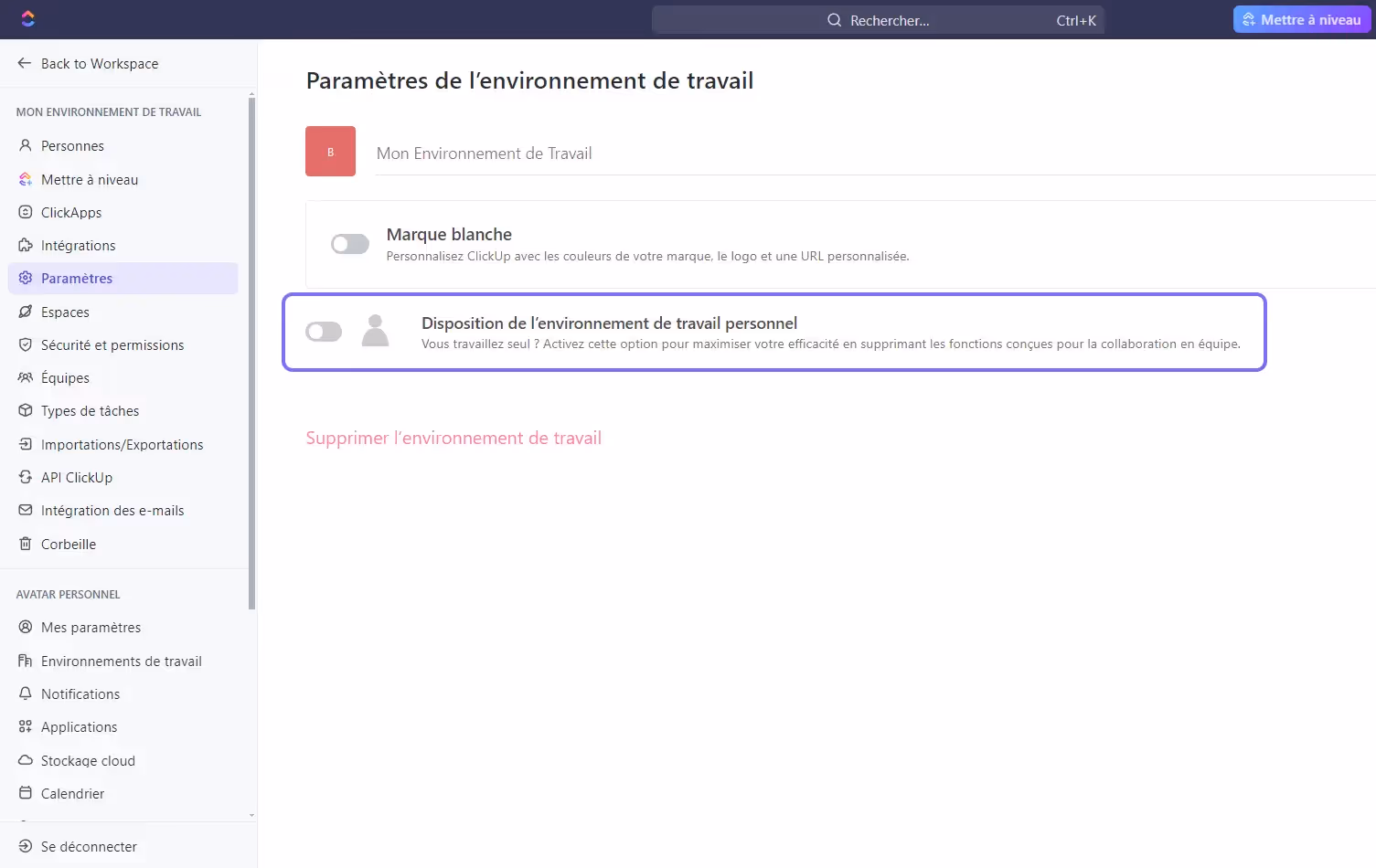 Activer la "Disposition de l'environnement de travail personnel" dans les paramètres d'espace de travail