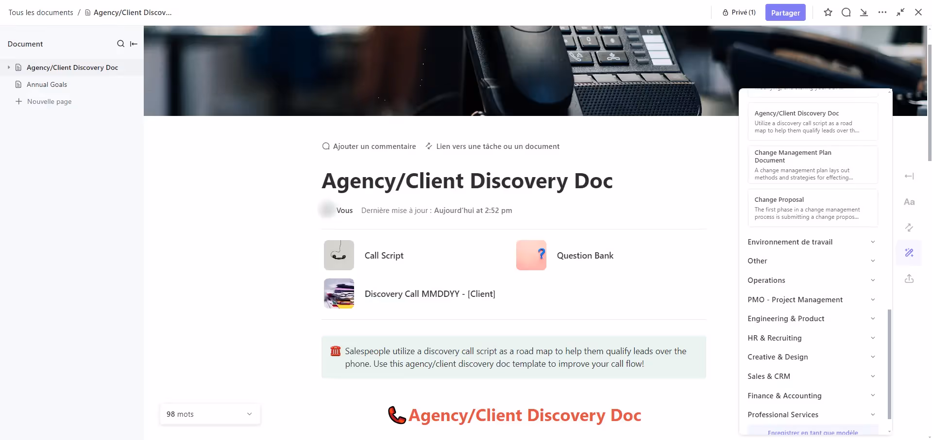 Aperçu d'un modèle de document ClickUp