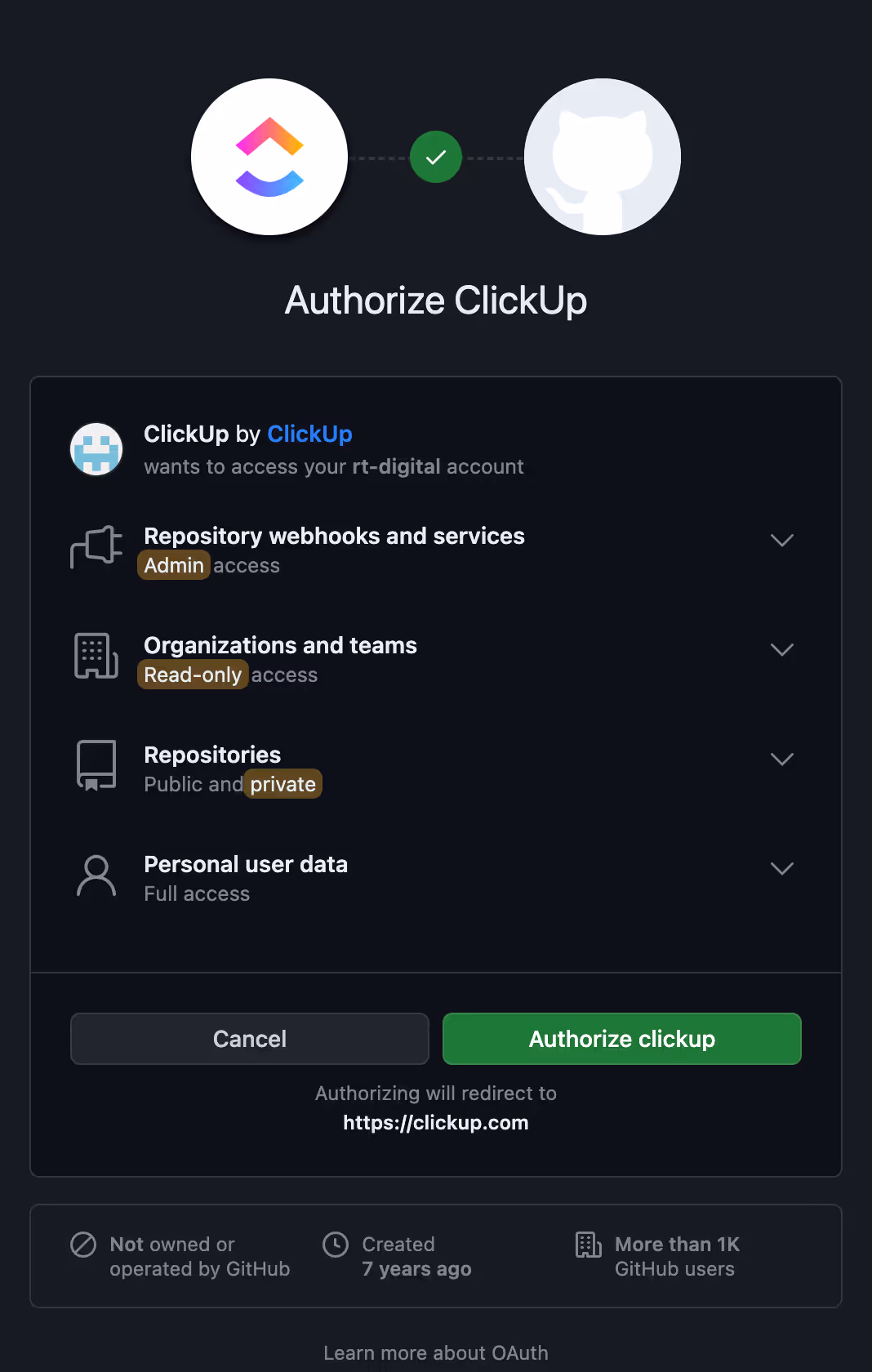 Autoriser ClickUp à intégrer GitHub