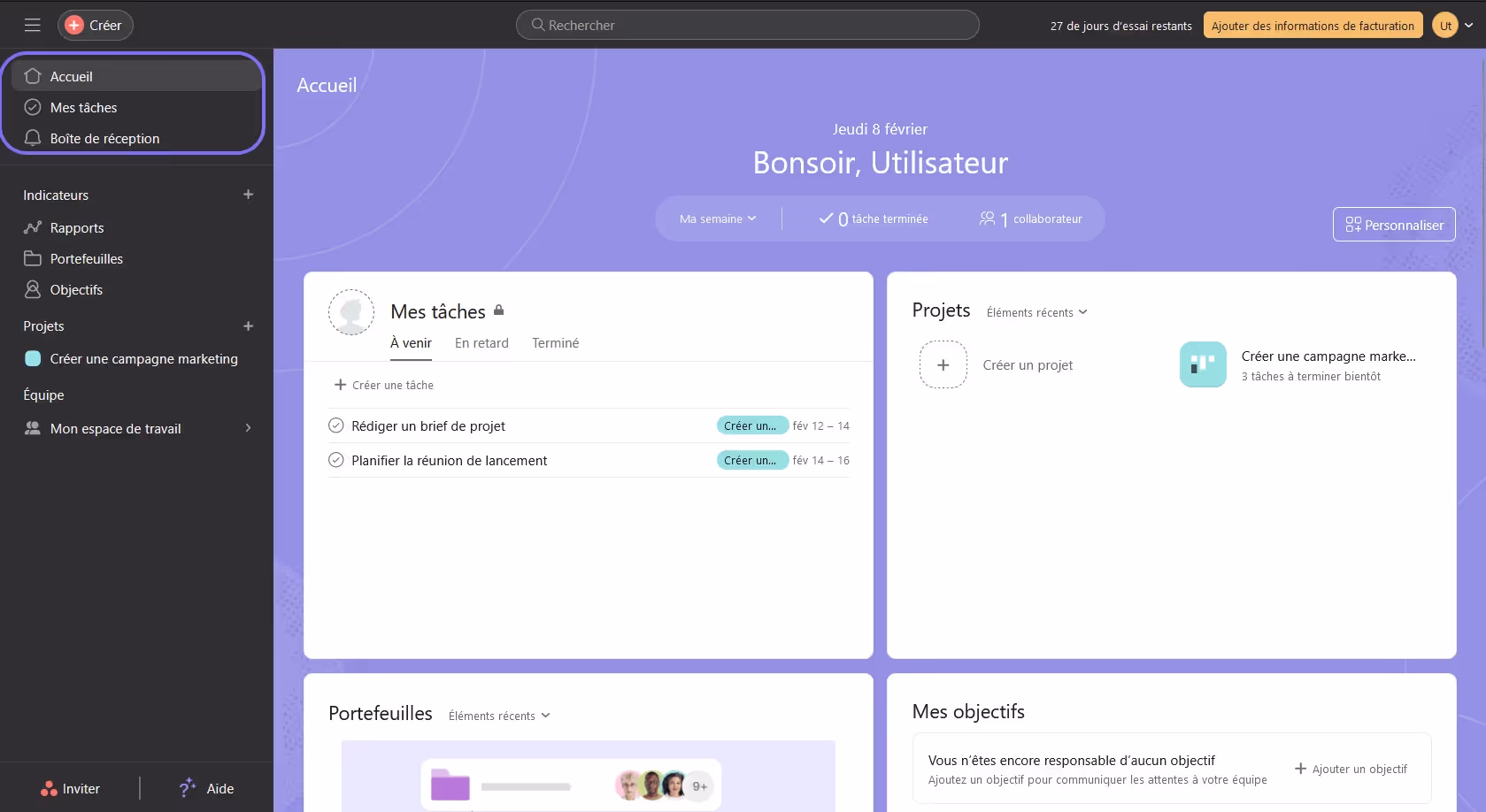 Barre de navigation latérale d'Asana incluant Accueil, Mes tâches, Boîte de réception