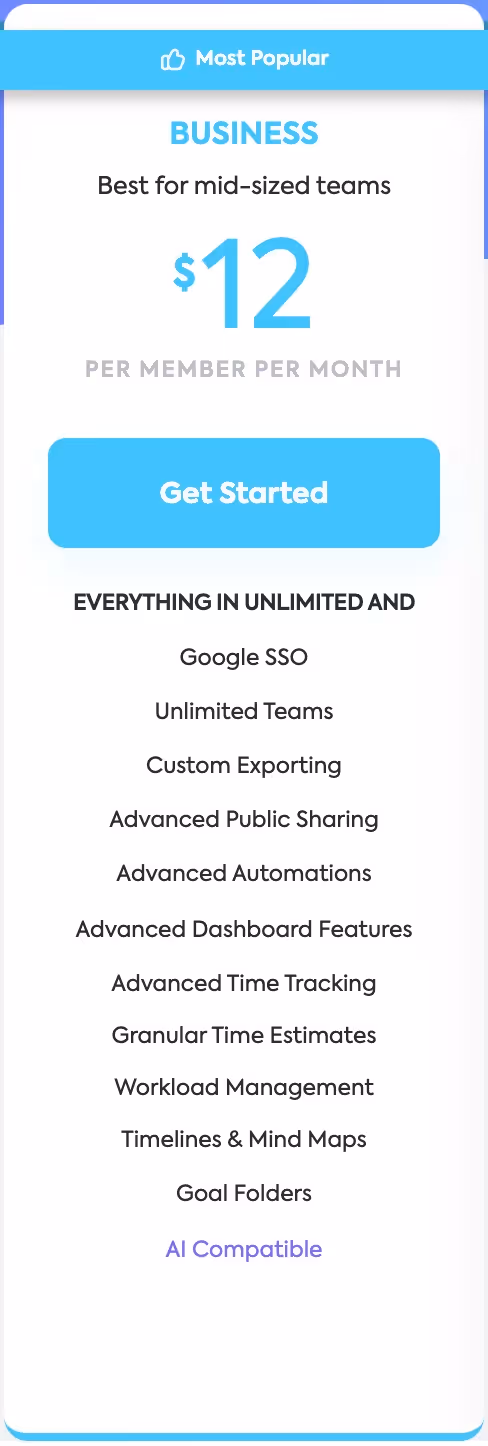 ClickUp's Business Pricing Plan