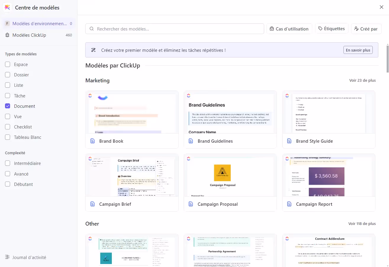 Centre de modèles de ClickUp
