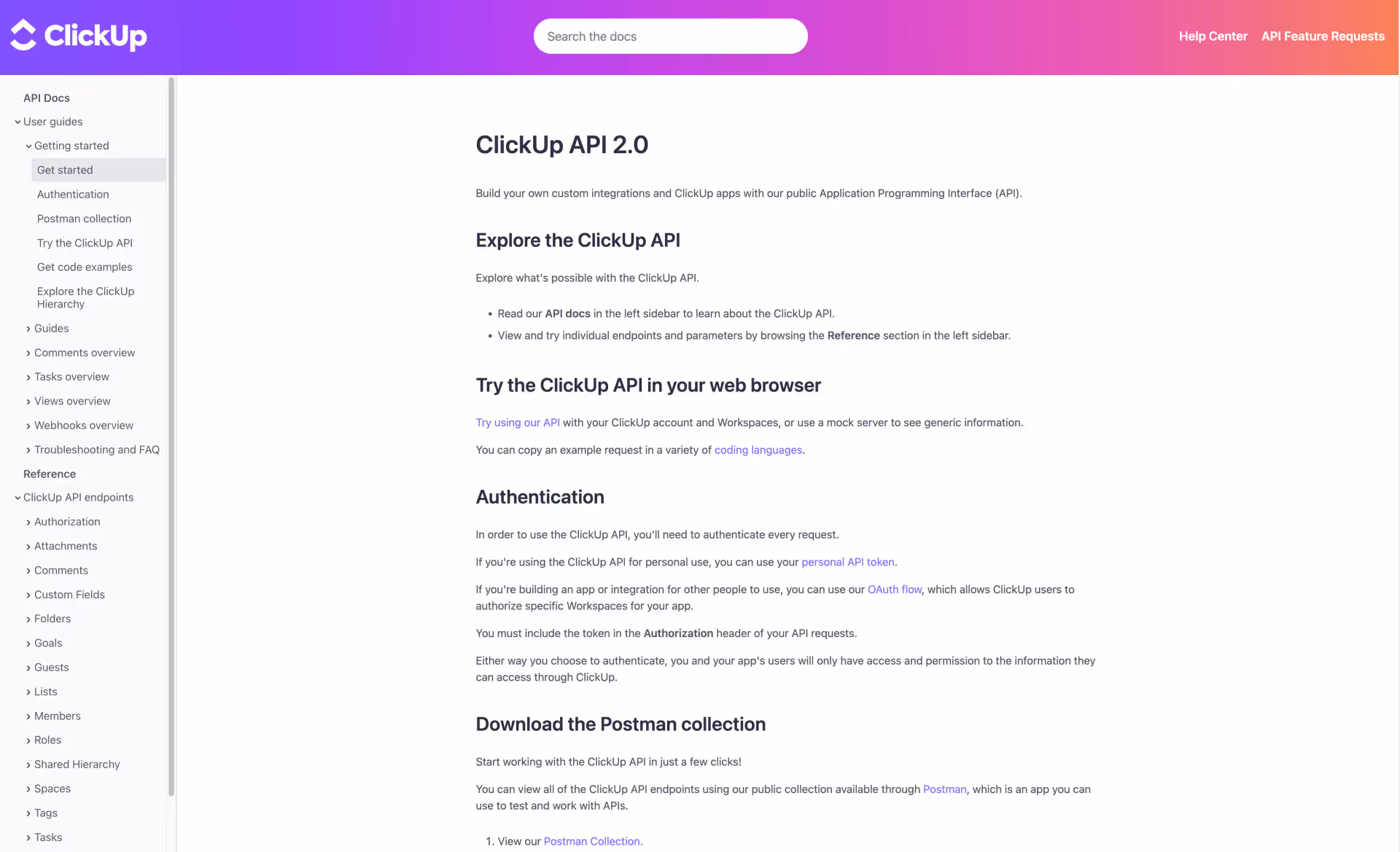 Documentation ClickUp sur l'API