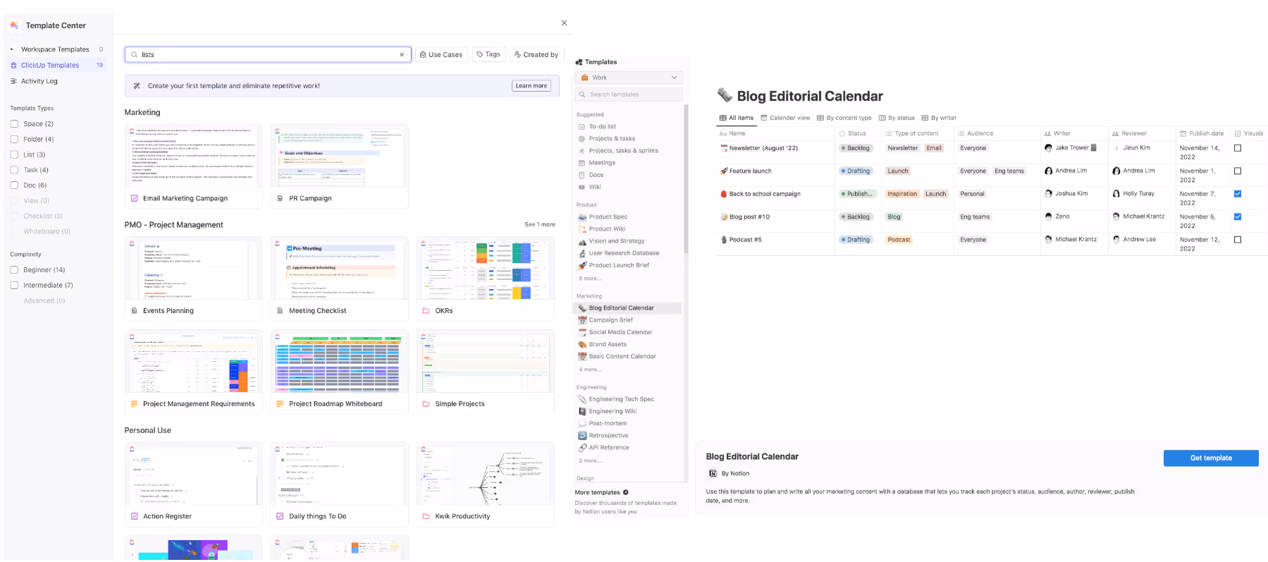 ClickUp and Notion templates