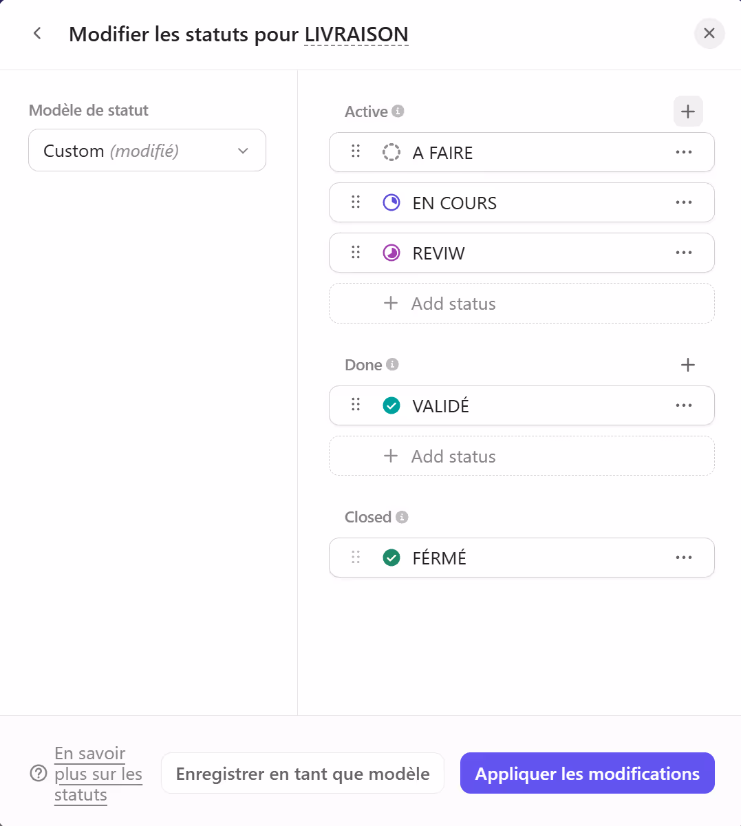 Configurer les statuts