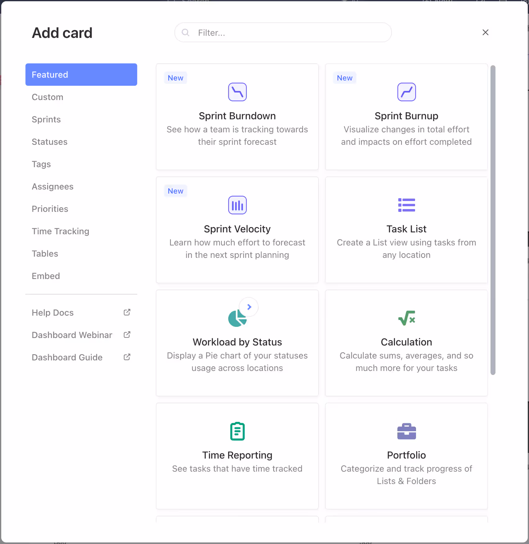 Add different cards to your dashboard