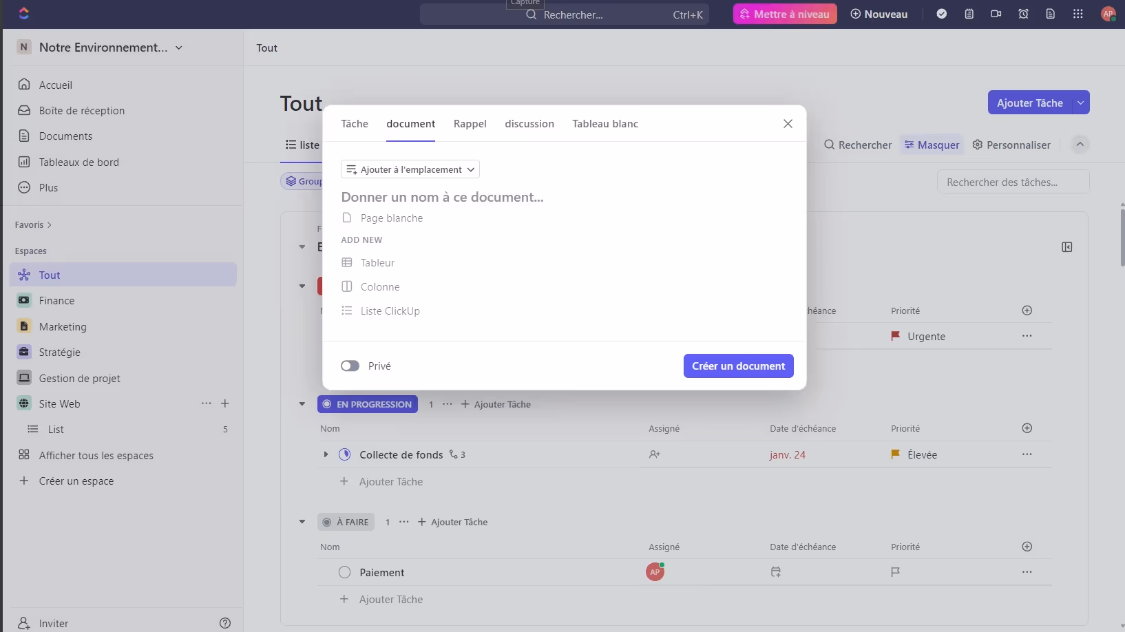Créer un document ClickUp