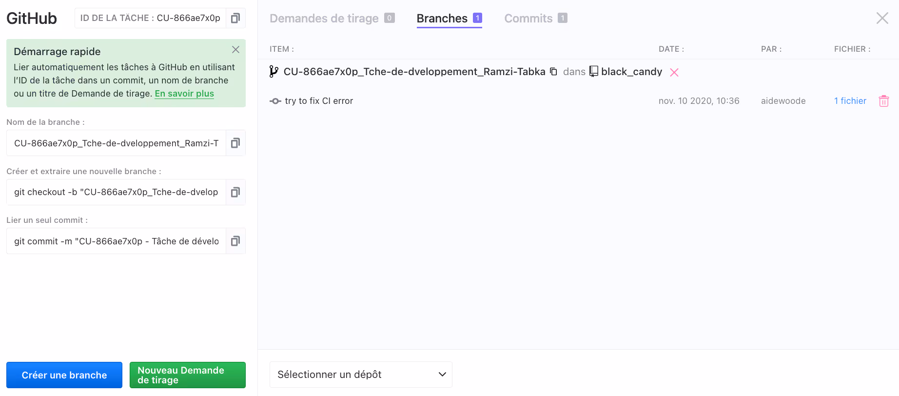 Créer une branche GitHub sur ClickUp
