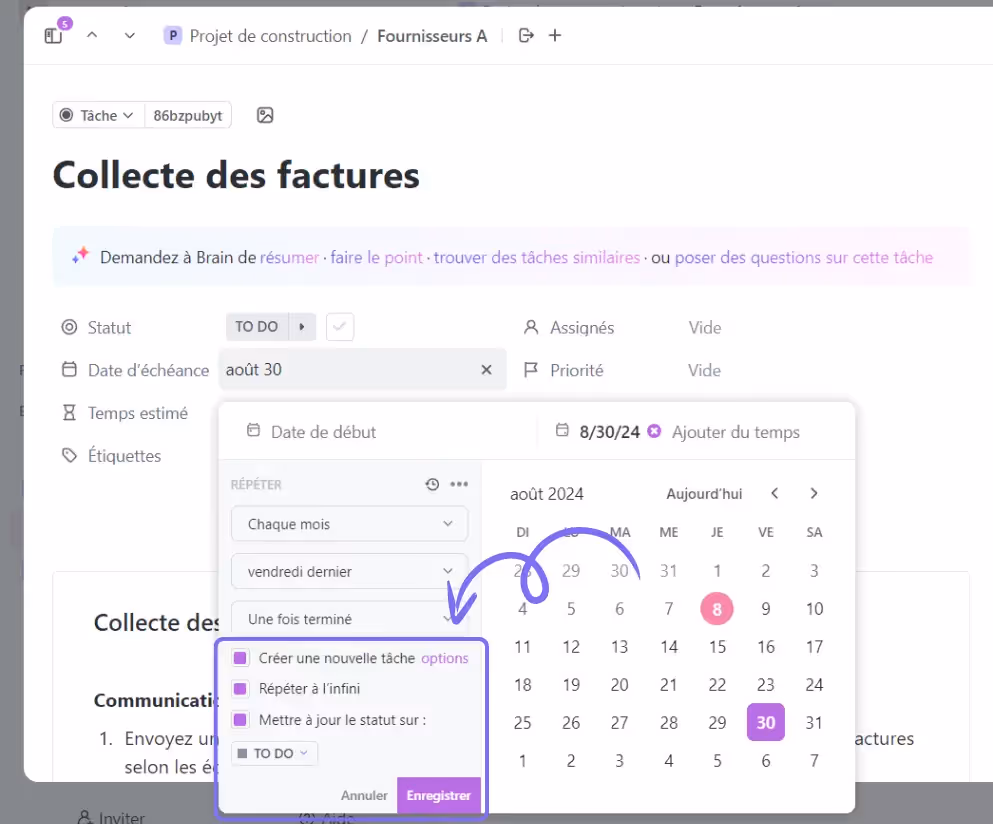 Définir la récurrence de la tâche