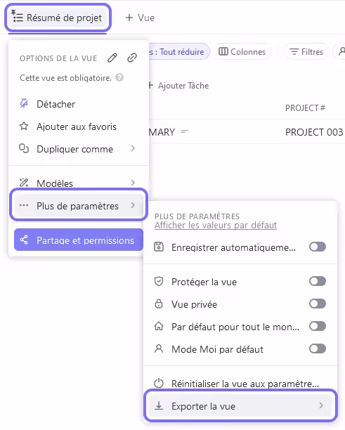 Exportation d'une vue liste