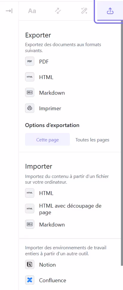 Exportation d'une page de document