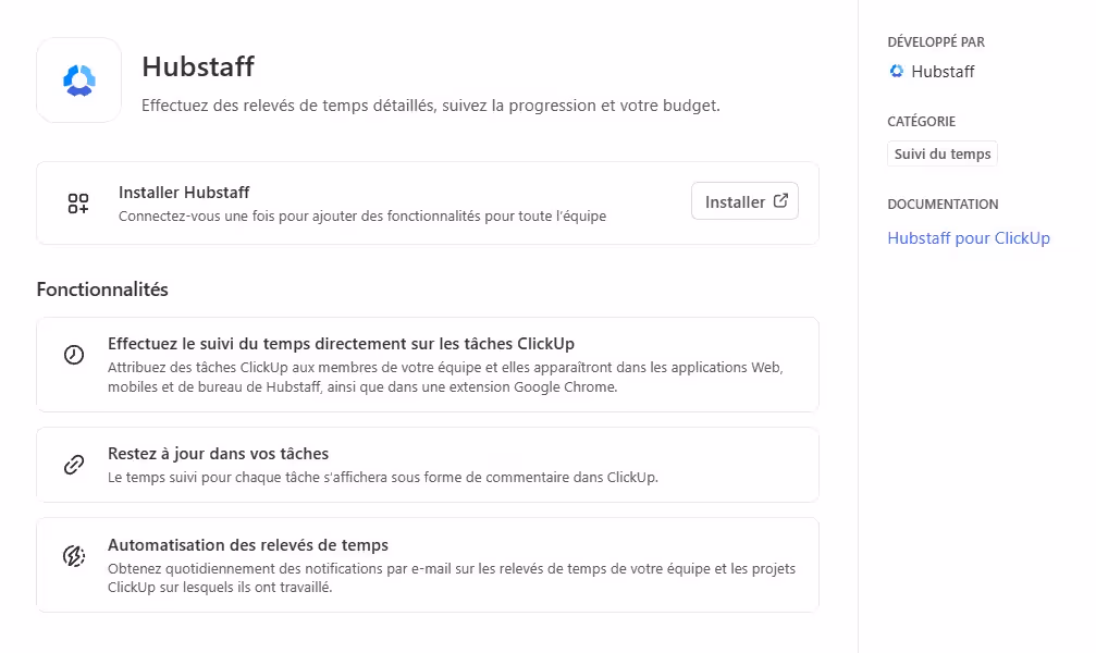 Intégration des relevés de temps Hubstaff dans ClickUp