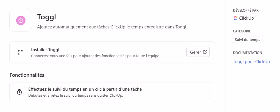 Intégration du suivi de temps Toggl dans ClickUp