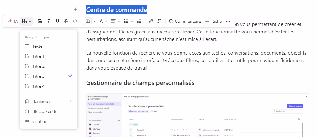 La barre d'outil des documents ClickUp