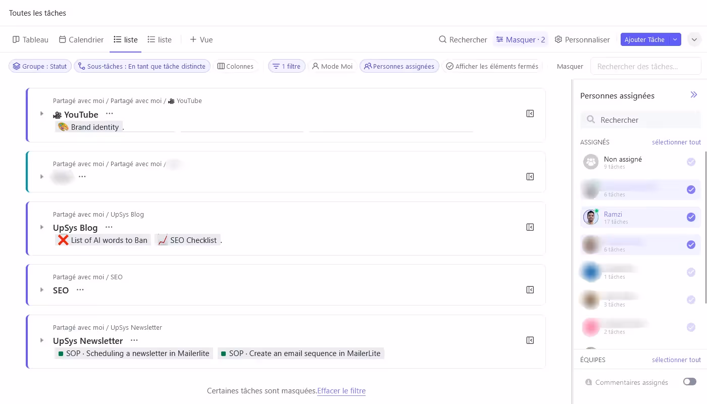 La barre des Personnes assignées pour gérer les équipes sur ClickUp