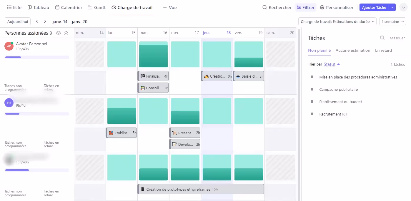 La vue Charge de travail de ClickUp