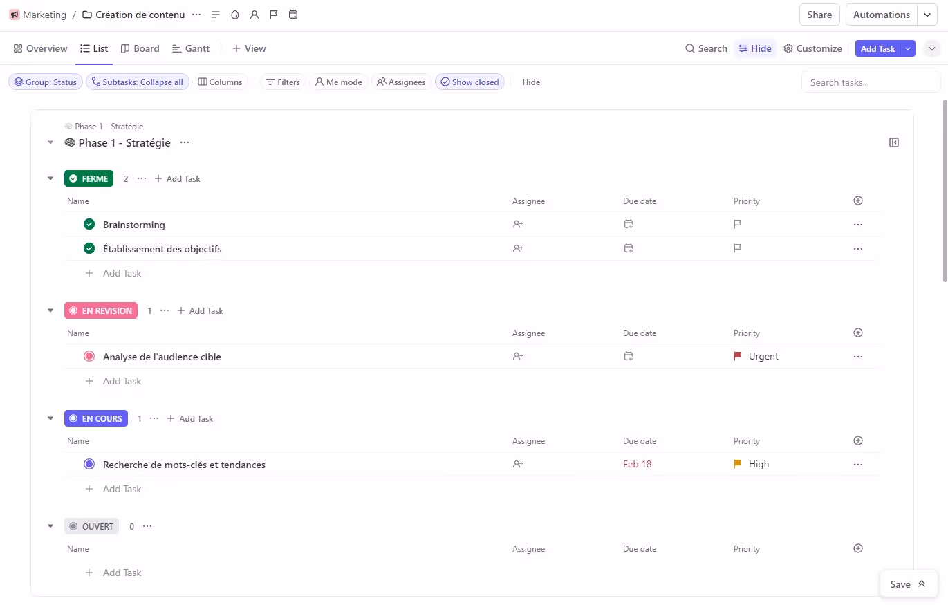 La vue Liste de ClickUp