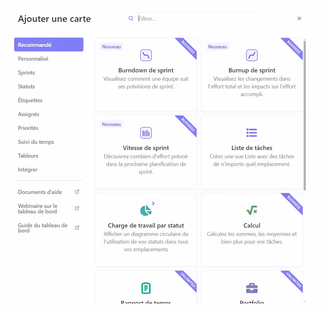 Les options de cartes des tableaux de bord ClickUp