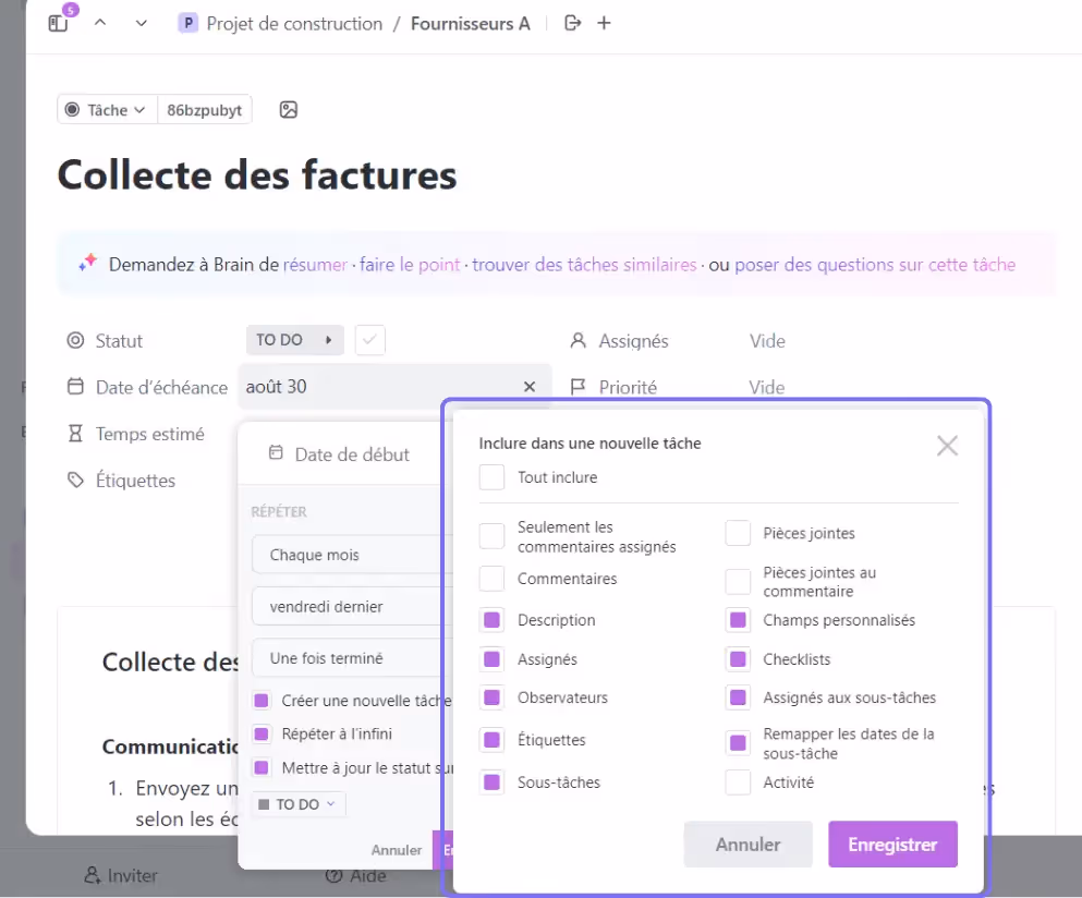 Les options de la tâche récurrente