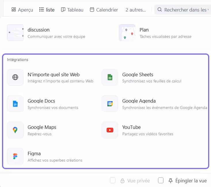 Les vues intégrations de ClickUp
