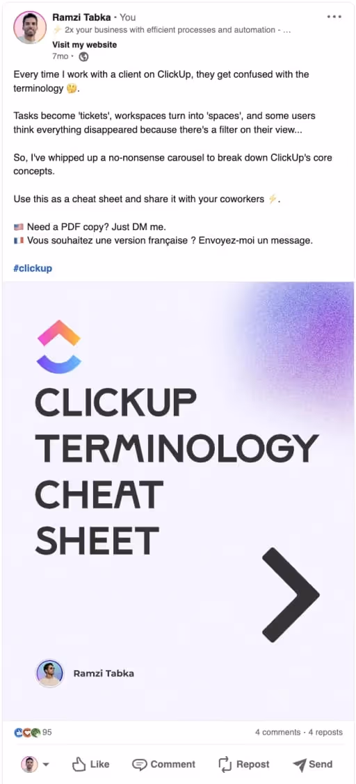 ClickUp consultants will often create content on LinkedIn