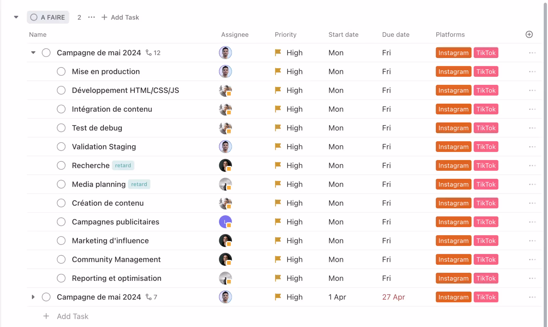 Liste de tâche et sous-tâches avec les champs priorité, dates et plateformes