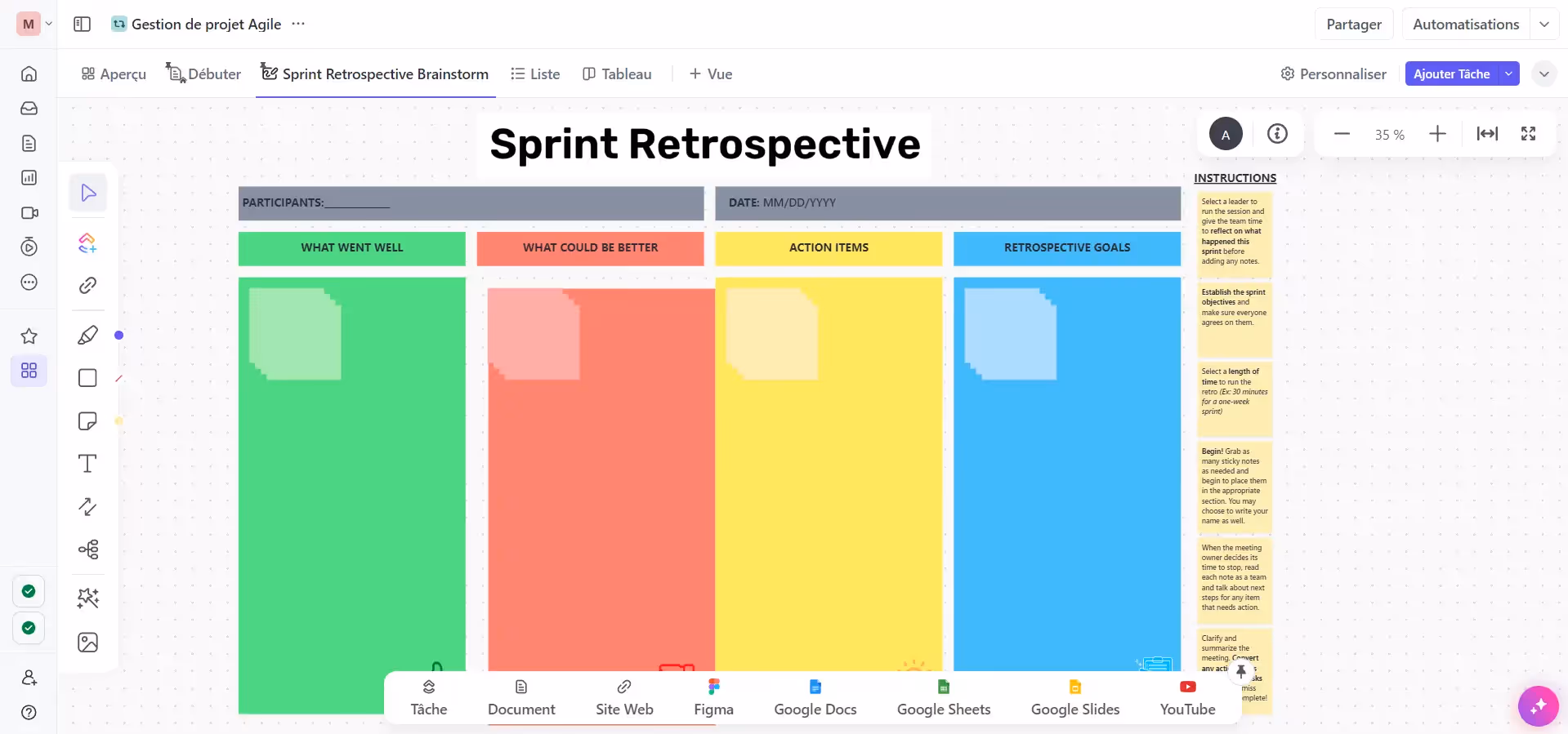 Modèle de tableau blanc (Whiteboard) sur ClickUp