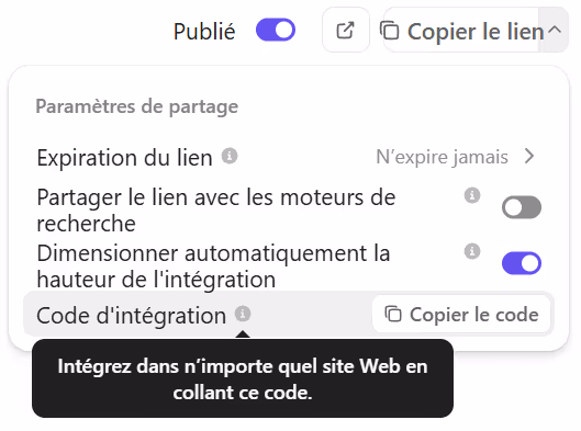 Option de partage avec code d'intégration