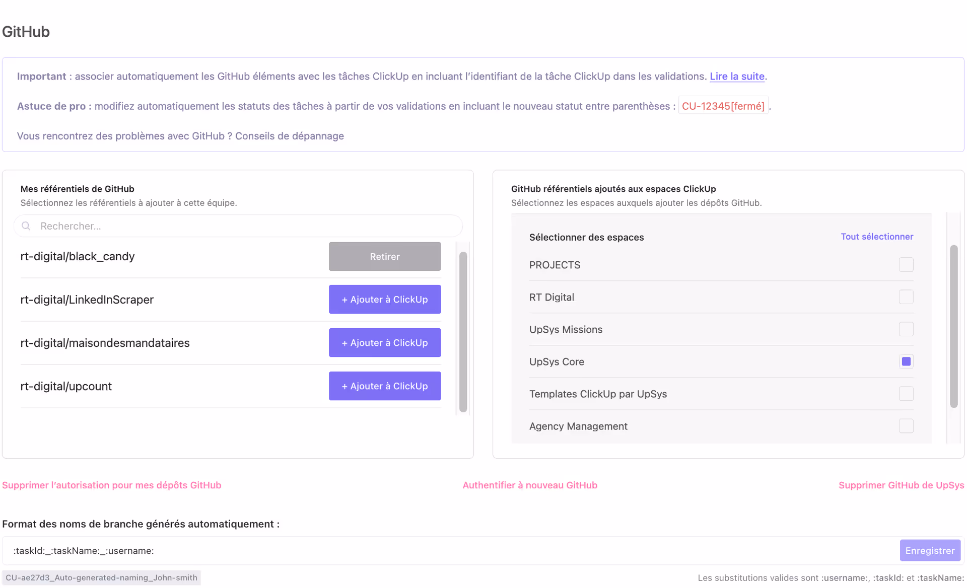 Options d'intégration GitHub sur ClickUp