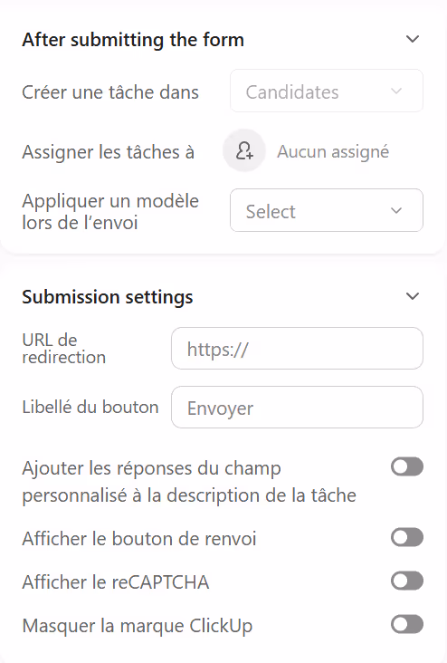 Paramètres du formulaire