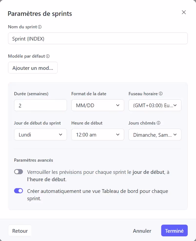 Paramètres de sprints ClickUp