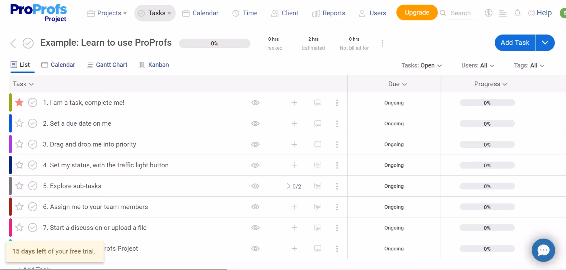 ProProfs Project User Interface