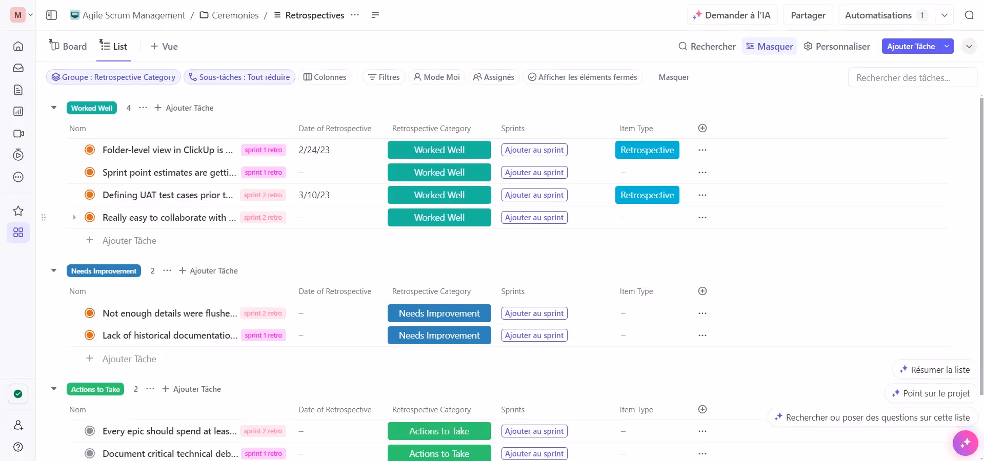 Rétrospectives de Sprints sur ClickUp