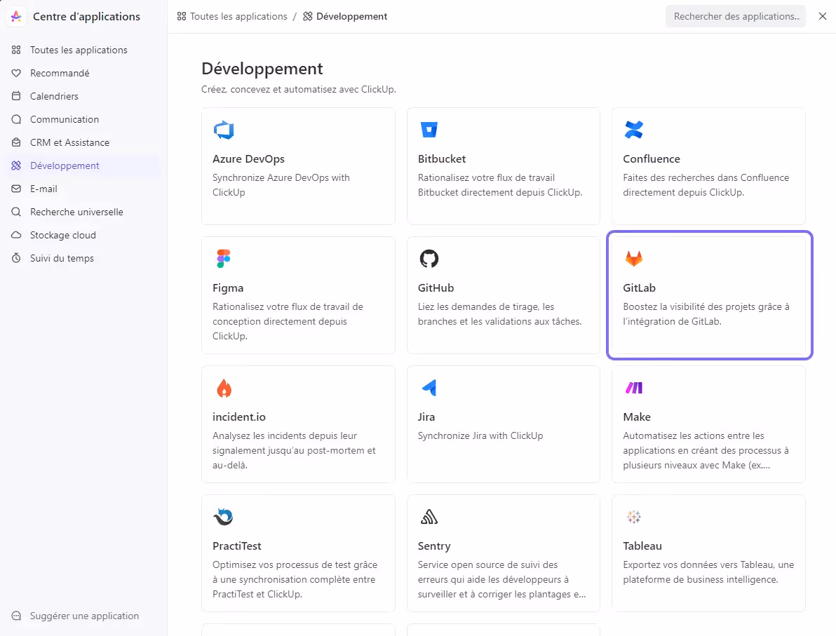 Application GitLab à partir du centre d'applications de ClickUp