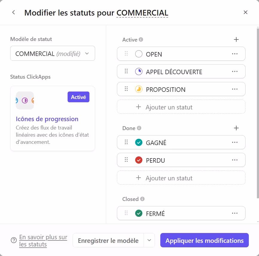 Statuts d'un espace Commercial CRM