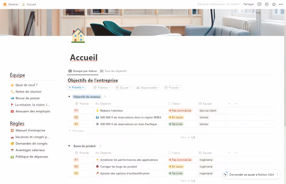 Un tableau de bord Notion