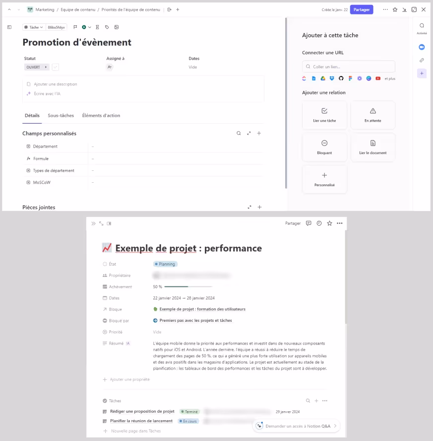 Une tâche ClickUp vs une tâche Notion