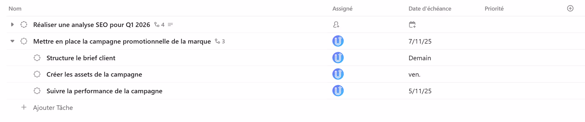 Tâches et sous-tâches ClickUp
